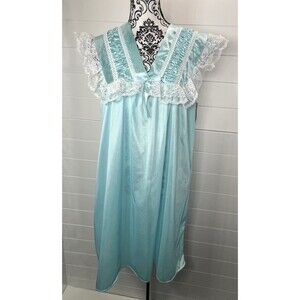 VTG Women Baby Blue Silky Short Sleeve Romantic Coquette Nightgown Med DEADSTOCK